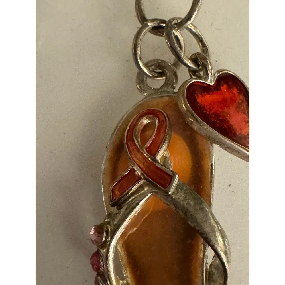 Flip Flop Keychain Charm Red Heart‎ Enamel Pink Rhinestones Awareness Ribbon